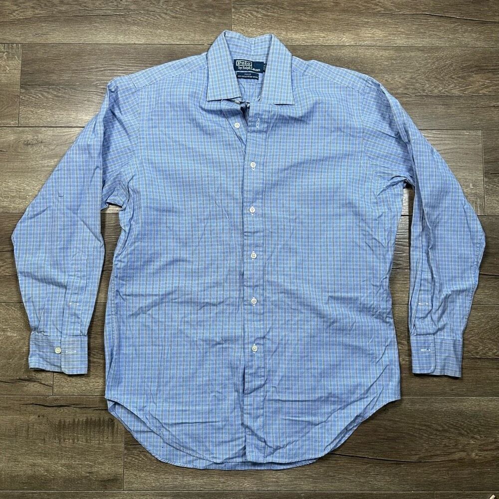 Polo Ralph Lauren Men’s Size 15.5 Button Down Shirt Blue Herringbone Plaid